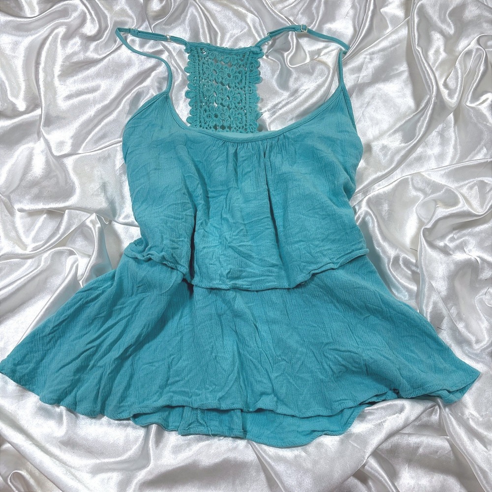 y2k Rue21 Tank Top Teal Blue Excellent Crochet Lace Racerback Tiered Ruffle L